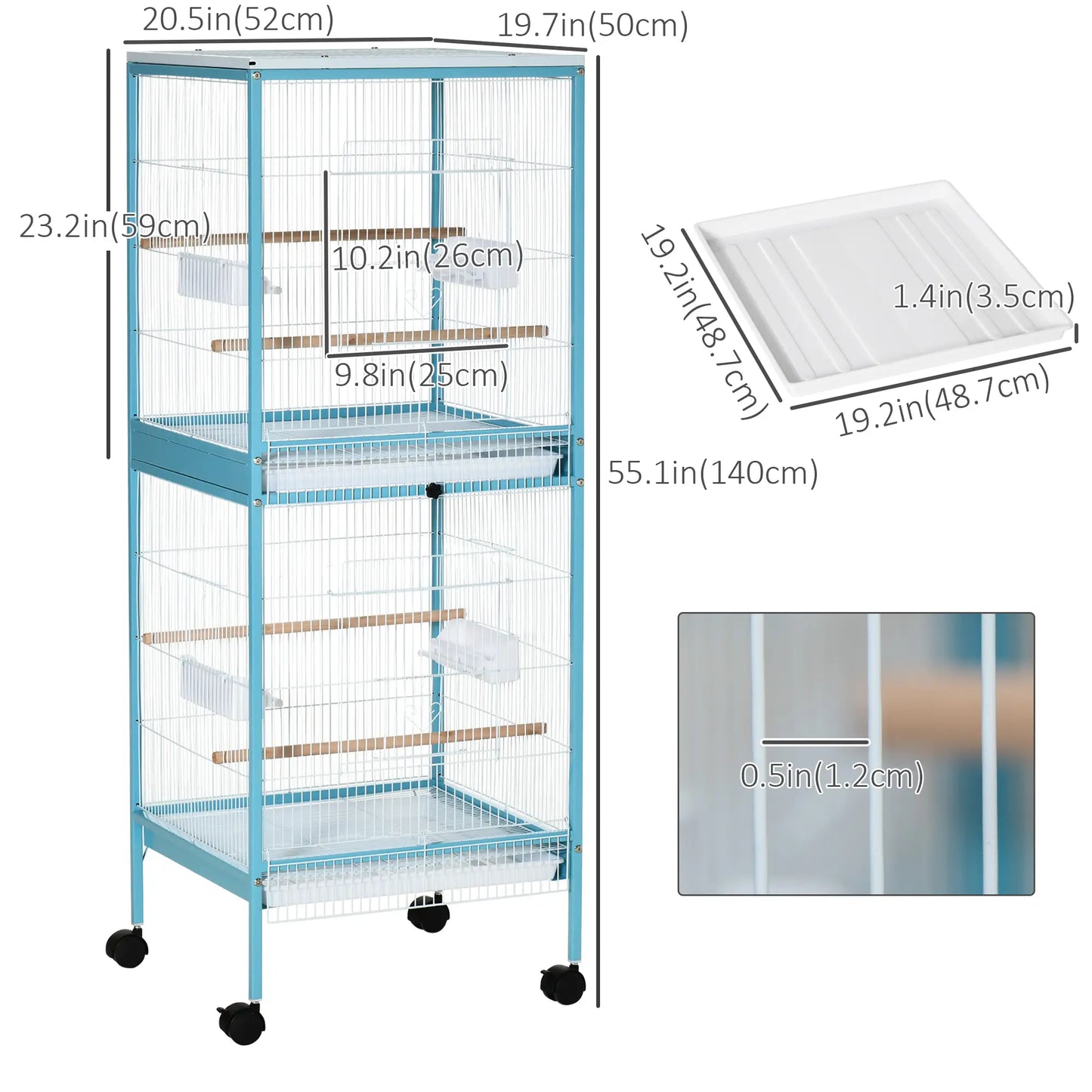 55.1" 2 In 1 Bird Cage Aviary, Wheels, Slide-out Trays, Light Blue Bird Cages at Gallery Canada