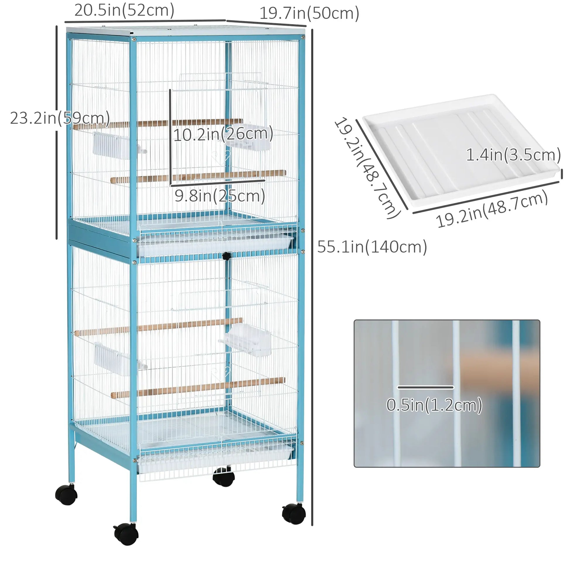 55.1" 2 In 1 Bird Cage Aviary, Wheels, Slide-out Trays, Light Blue Bird Cages at Gallery Canada