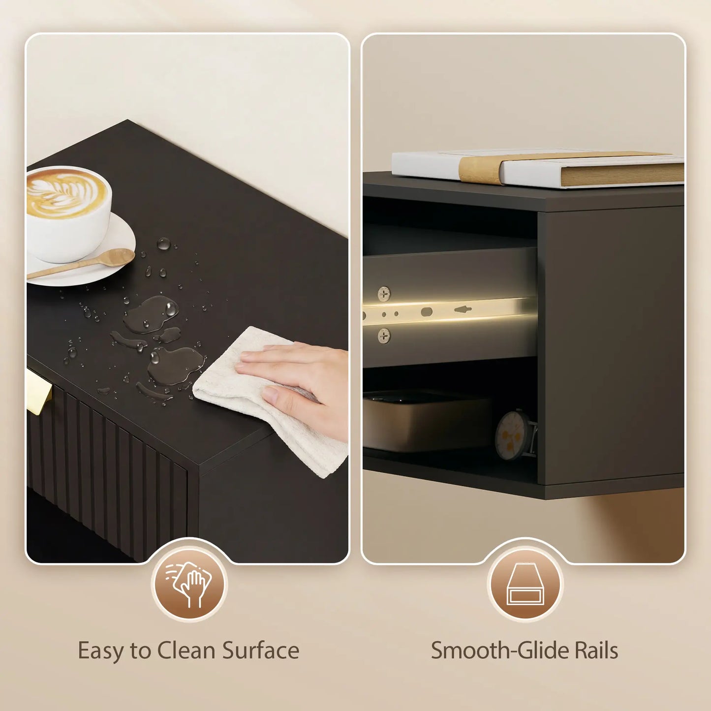 Wall Mounted Bedside Tables, Floating Nightstands, Black