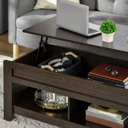 Lift Top Coffee Table, Hidden Storage, Open Shelves, Dark Walnut Coffee Tables at Gallery Canada