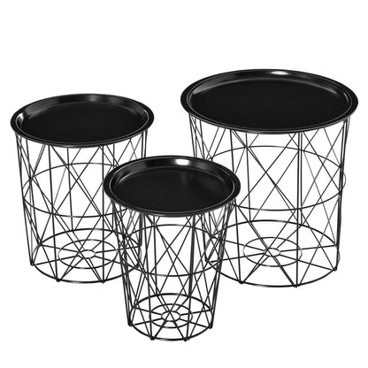 Set of 3 Nesting Coffee Tables with Storage, Round End Table with Removable Tray, Basket Side Tables with Metal Frame for Living Room, Black Side Tables Black at Gallery Canada