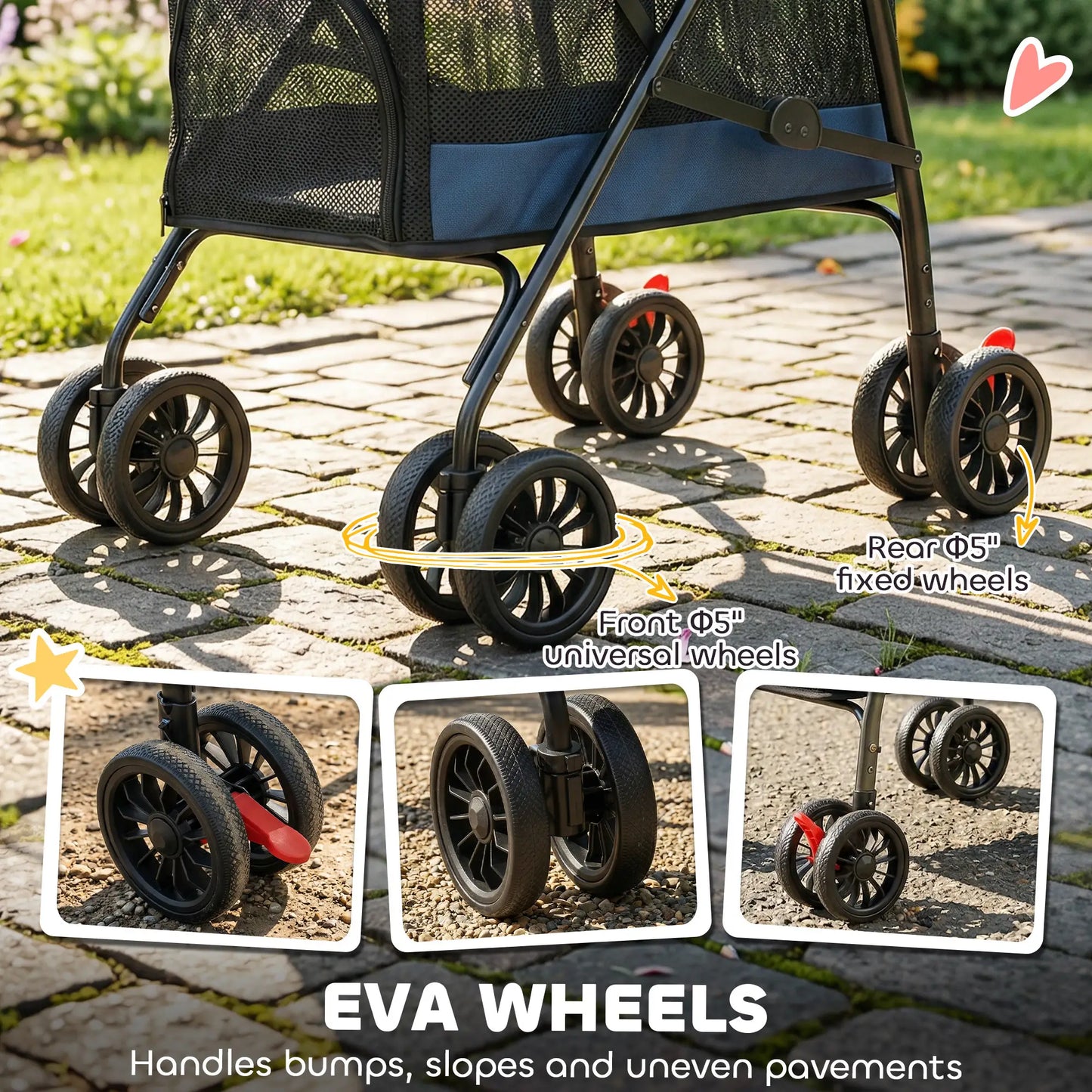 Foldable Pet Stroller for Small Dogs and Cats with 4 Wheels, Mesh Windows, Brake, Removable Pad, Storage Tray, Dark Blue Dog Bike Trailers & Strollers at Gallery Canada