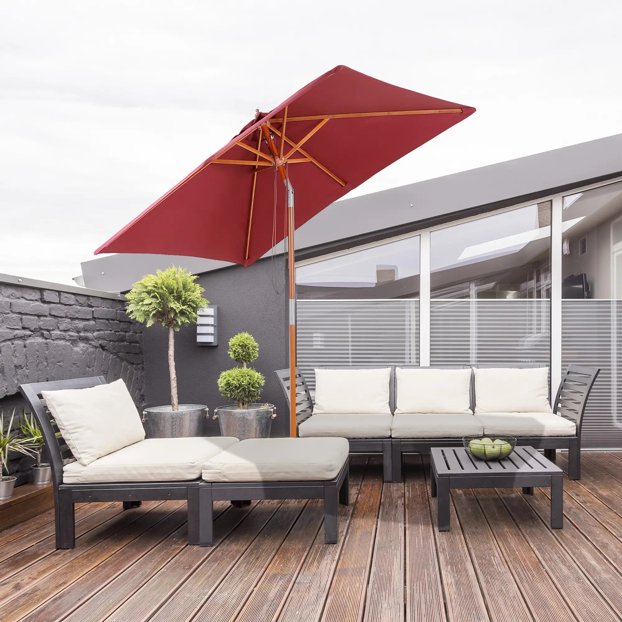 6.6x5ft Square Wooden Patio Umbrella, Tilt Mechanism, 6 Bamboo Ribs, Wine Red Sun Umbrellas at Gallery Canada