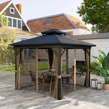 10' x 10' Hardtop Gazebo, Double Tier Metal Roof, Dark Brown Gazebos at Gallery Canada