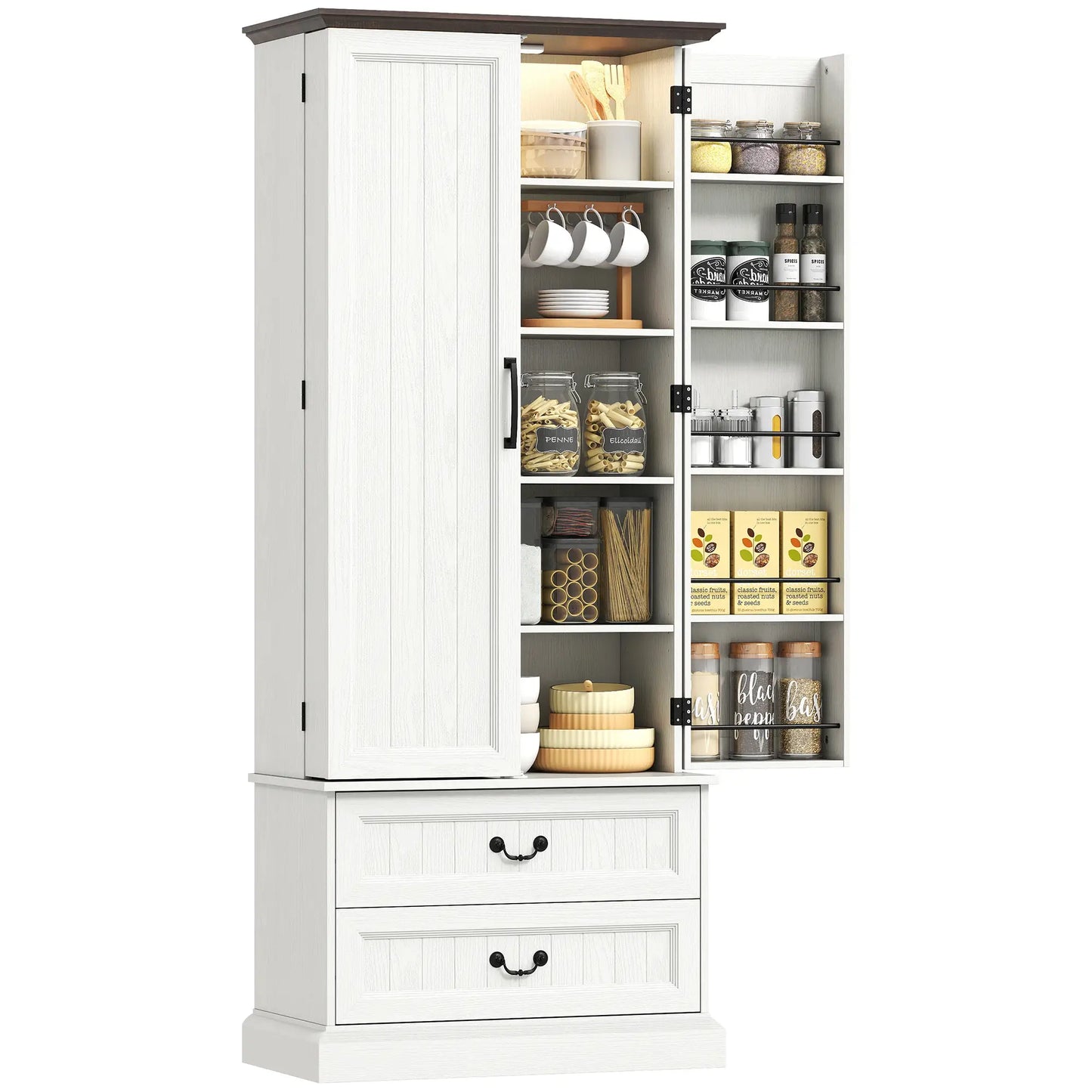 72" LED Kitchen Pantry Cabinet, 10 Door Shelves, 2 Drawers, White Kitchen Pantry Cabinets at Gallery Canada
