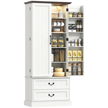 72" LED Kitchen Pantry Cabinet, 10 Door Shelves, 2 Drawers, White Kitchen Pantry Cabinets at Gallery Canada