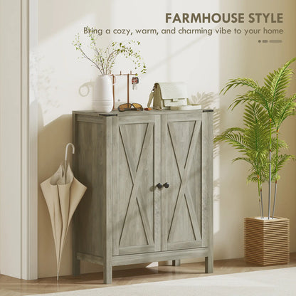 Shoe Cabinet With Barn Doors, Adjustable Shelves, Holds 15 Pairs, Grey