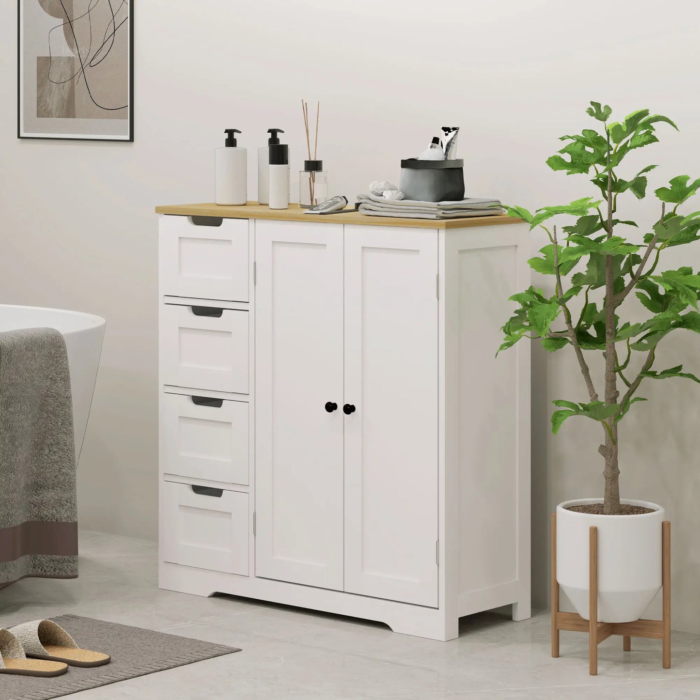 Freestanding Bathroom Floor Cabinet, Adjustable Shelf, 4 Drawers, 2 Doors, White Freestanding Bathroom Cabinets at Gallery Canada
