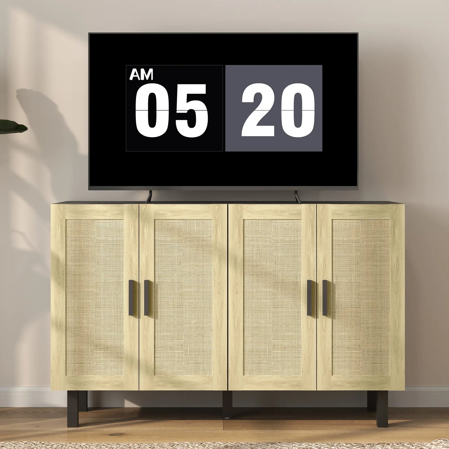 Boho Sideboard Cabinet, 4 Rattan Doors, Adjustable Shelves, Black Storage Cabinets at Gallery Canada