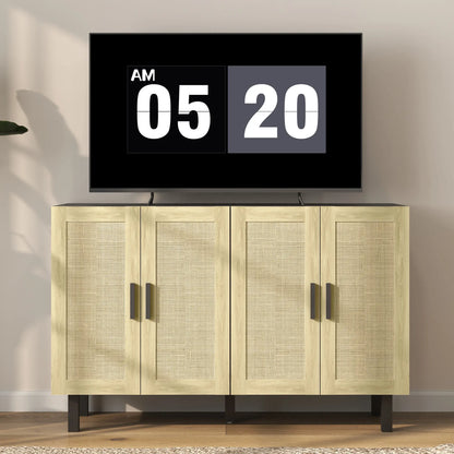 Boho Sideboard Cabinet, 4 Rattan Doors, Adjustable Shelves, Black Storage Cabinets at Gallery Canada