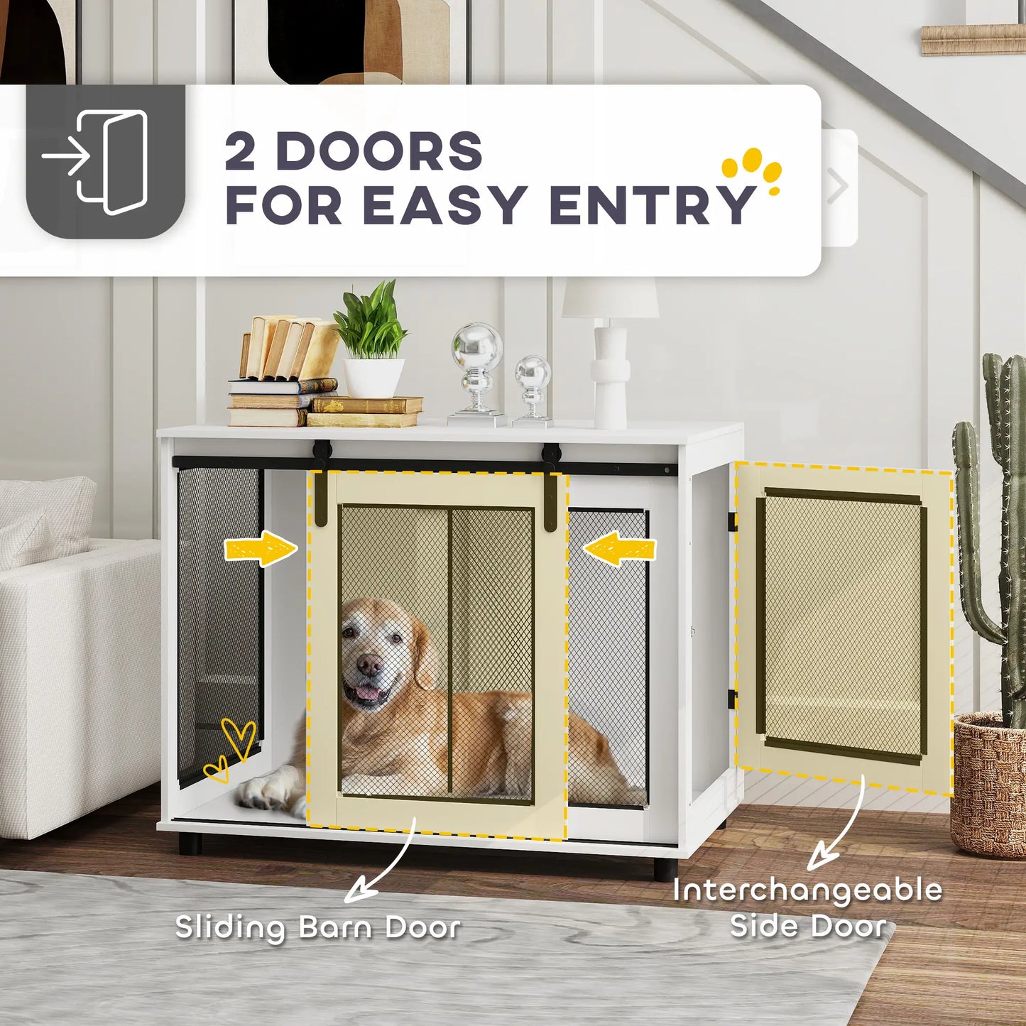 39" Dog Crate Furniture, Sliding Barn Door, Large Dog Cage End Table, White Houses, Kennels & Pens at Gallery Canada