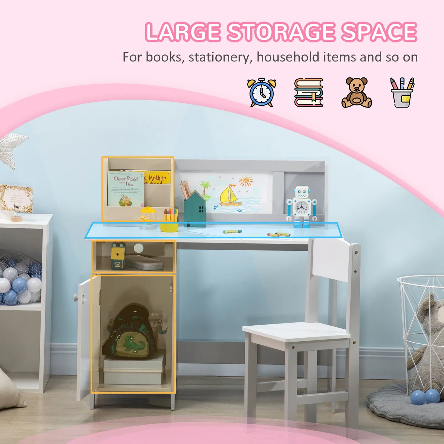 Kids Desk and Chair Set, 2Pcs, with Whiteboard, Storage, Grey Kids Desk Sets at Gallery Canada