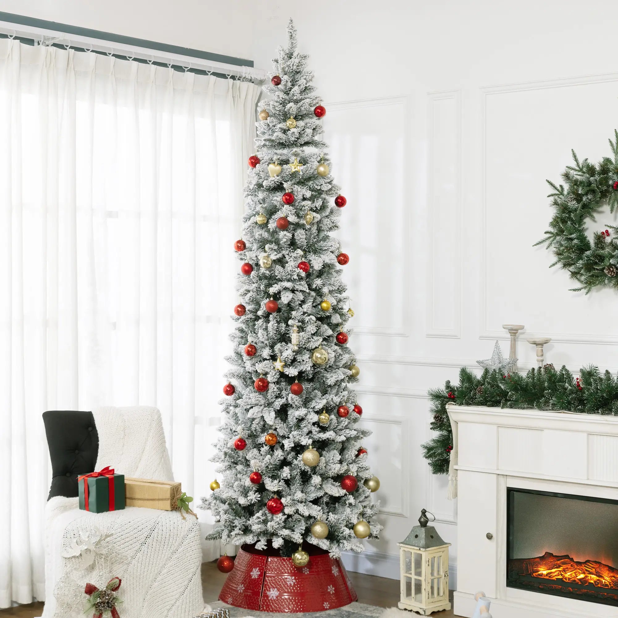 9ft Flocked Pencil Christmas Tree, 1277 Branch Tips, Metal Base Pencil Christmas Trees at Gallery Canada