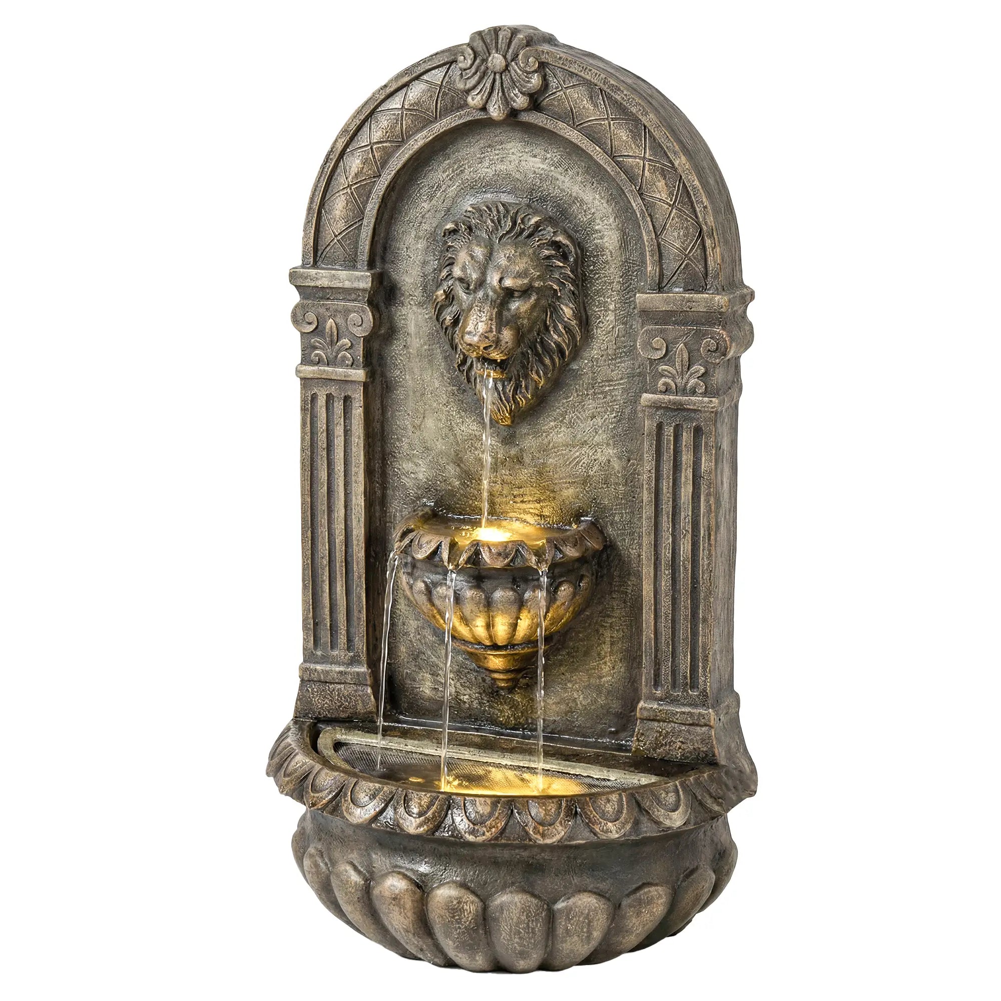 Wall Mounted 3 Tier Outdoor Fountain, Resin Waterfall With LED Lights, Rustic Brown Water Fountains Rustic Brown at Gallery Canada