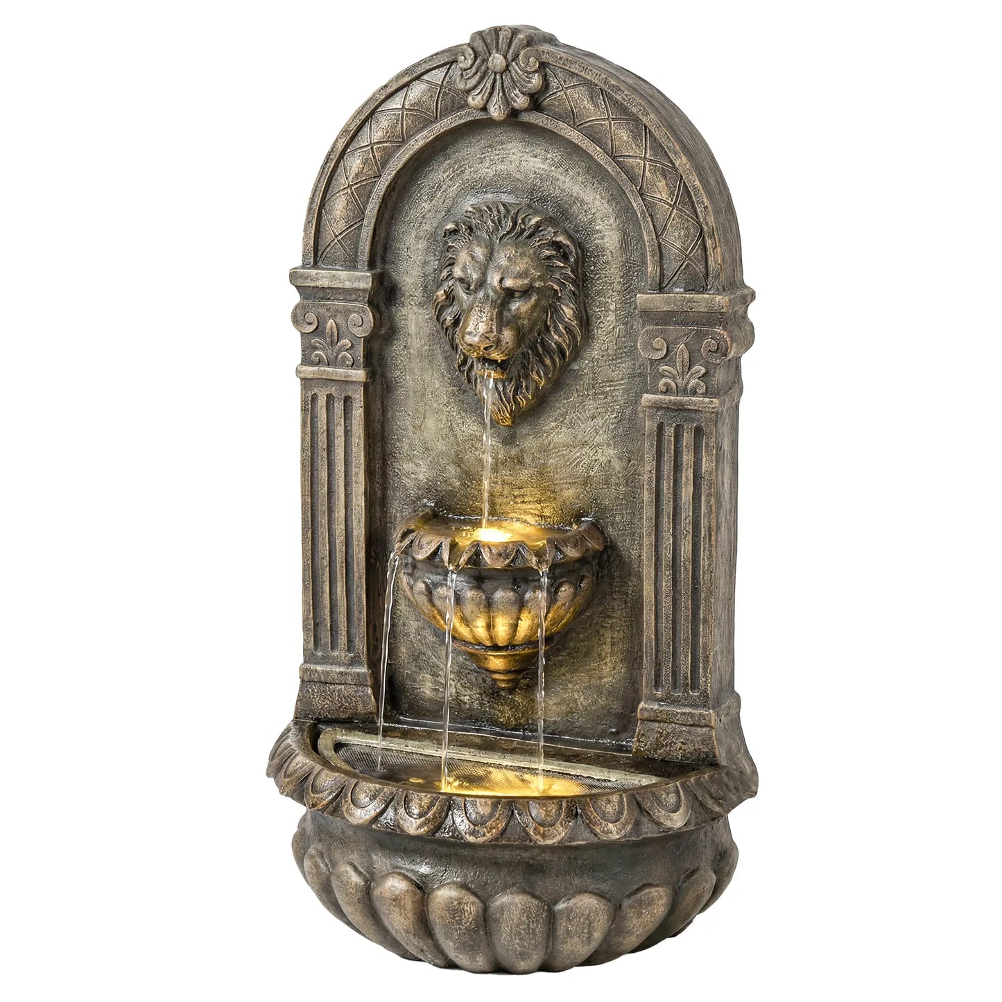 Wall Mounted 3 Tier Outdoor Fountain, Resin Waterfall With LED Lights, Rustic Brown Water Fountains Rustic Brown at Gallery Canada