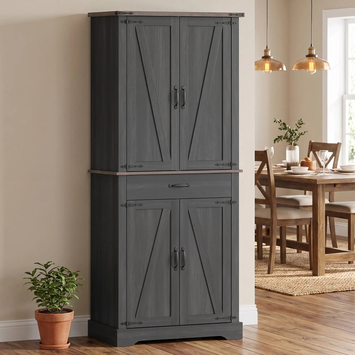 71" Tall Kitchen Cabinet, Farmhouse Pantry with Barn Doors, Drawer, Black
