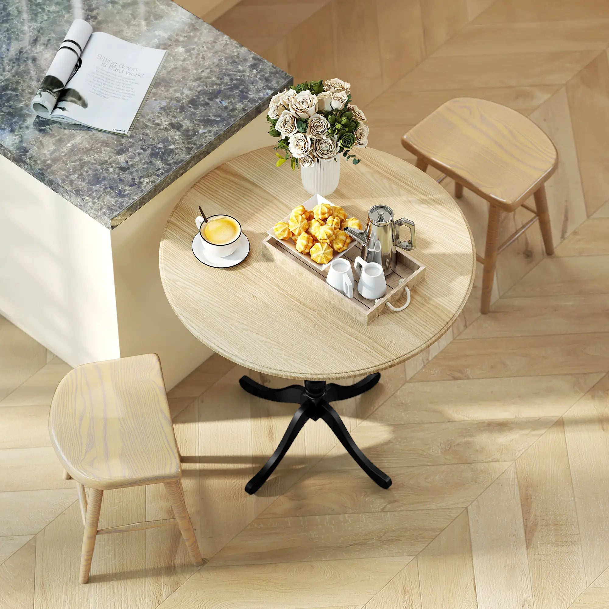 Modern Round Dining Table, 80cm, Natural Wood and Black, Black Dining Tables at Gallery Canada