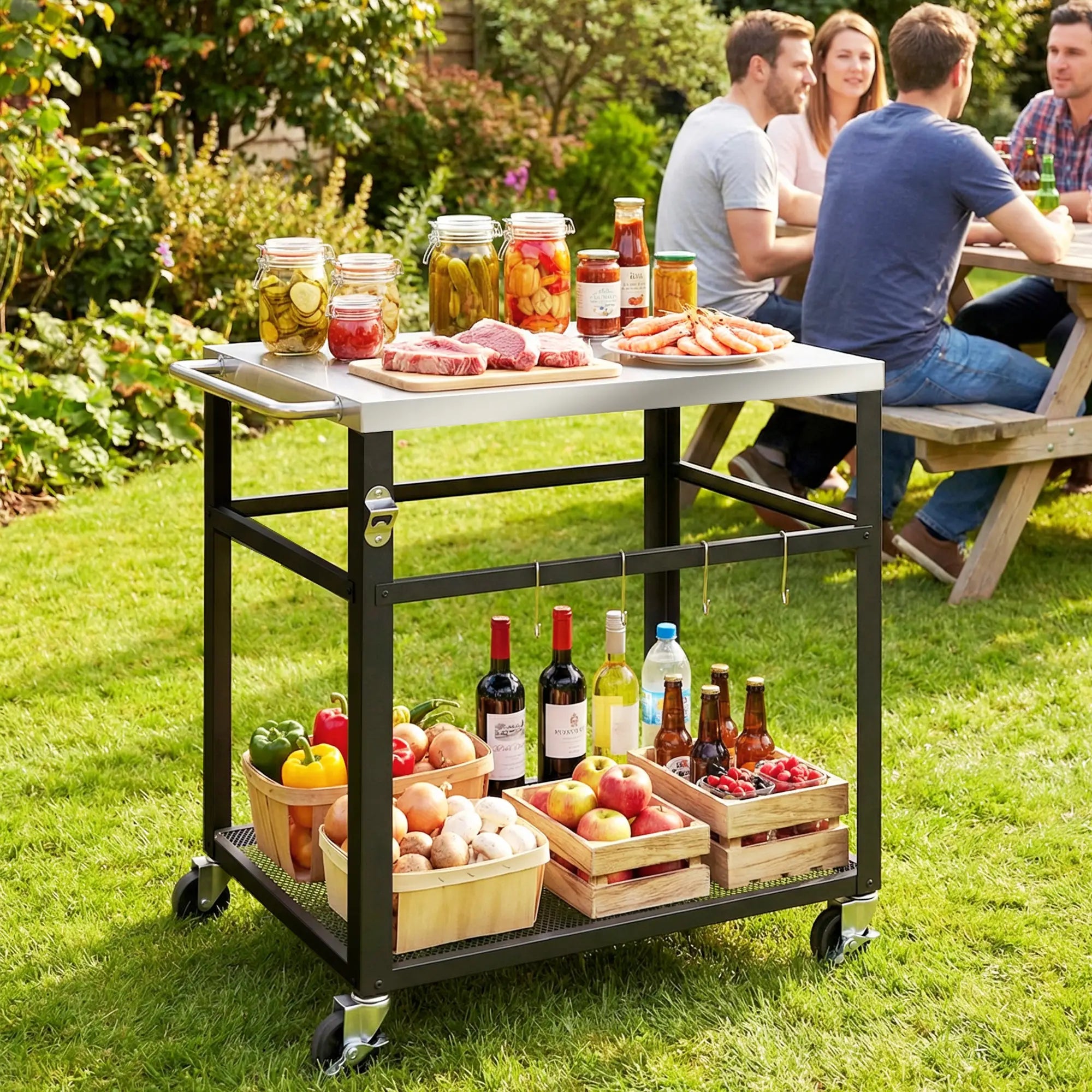 Outdoor Grill Cart, Stainless Steel Tabletop, 2-Tier Prep Station, Black Outdoor Grill Carts at Gallery Canada