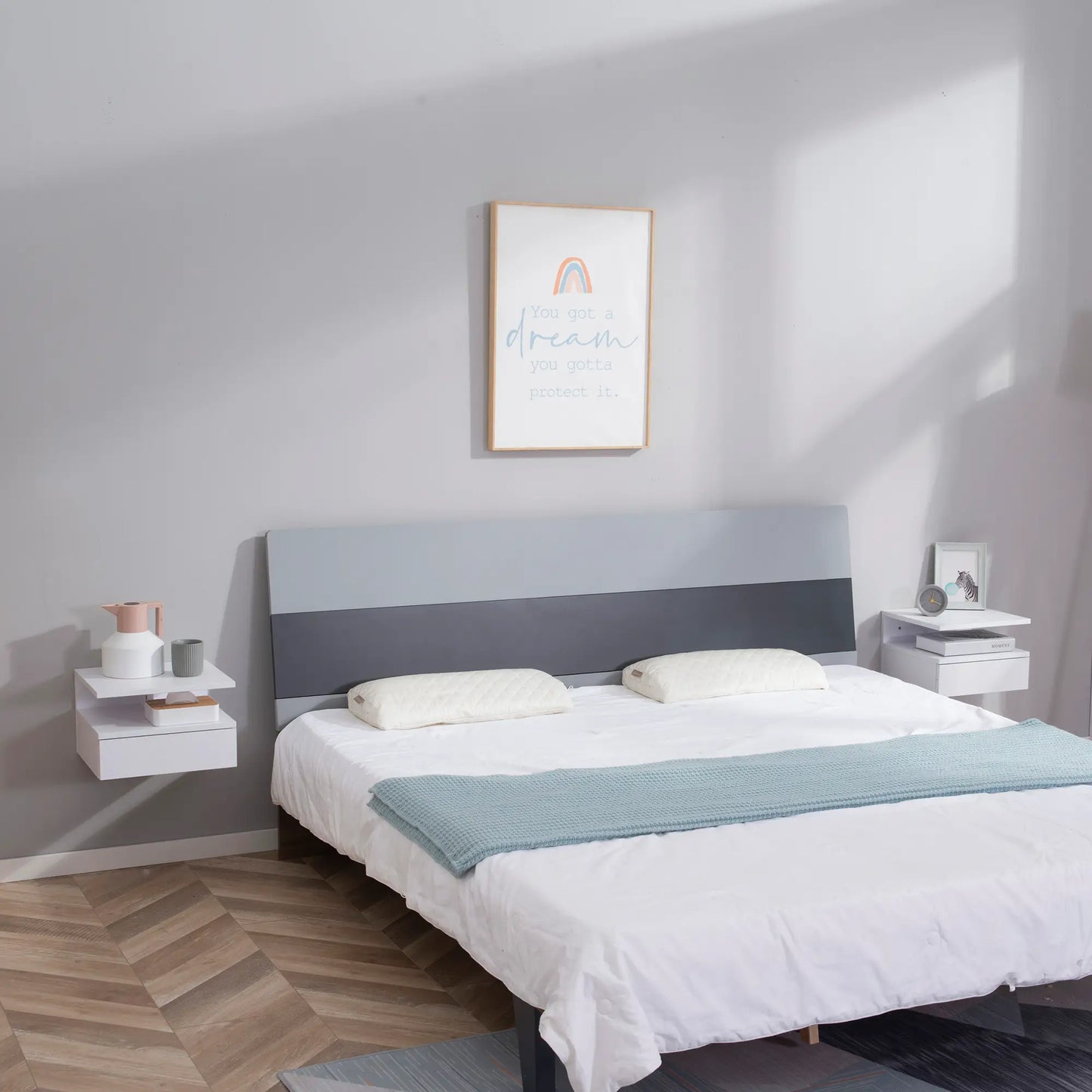 Floating Bedside Tables, Set of 2, Drawer and Open Shelf, White Bedside Tables at Gallery Canada