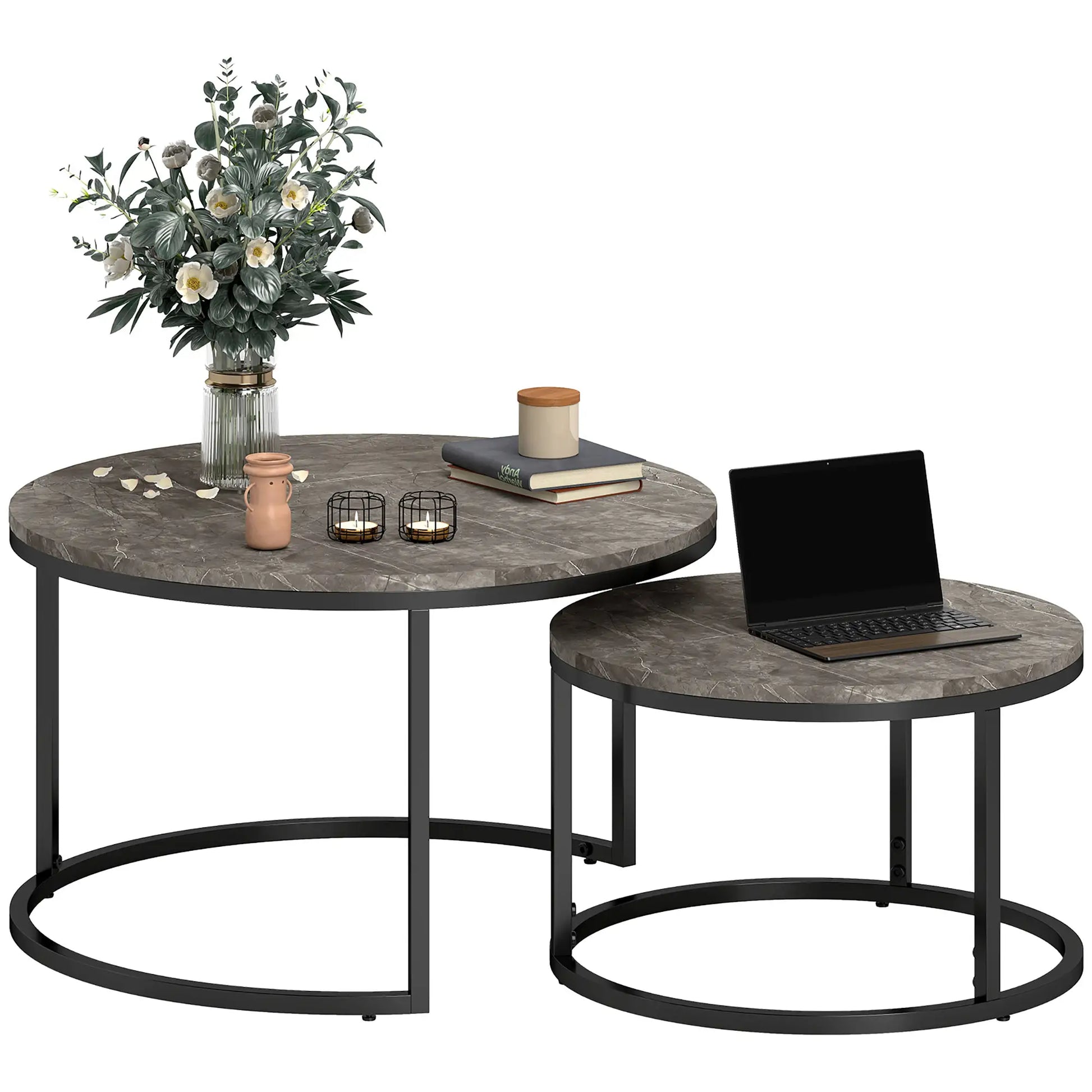 Modern Coffee Table Set of 2, Nesting Side Tables, Metal Base, Faux Marbled Grey, Grey Coffee Tables at Gallery Canada
