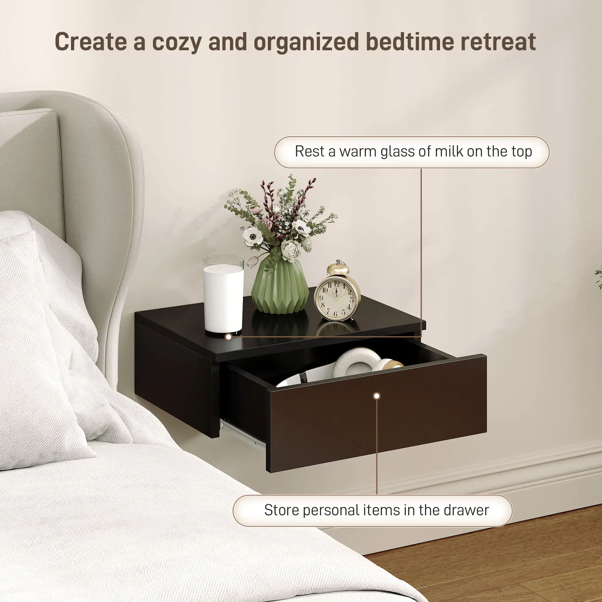 Set Of 2 Wall Mounted Bedside Tables, Floating Nightstands With Drawer, Black Bedside Tables at Gallery Canada