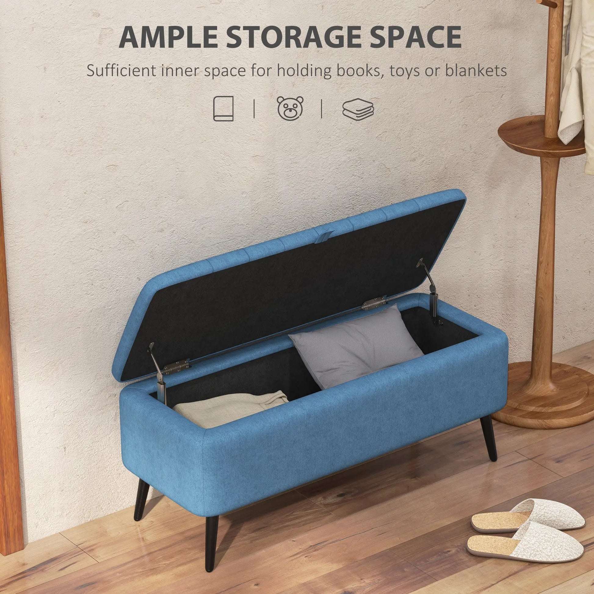 40" Ottoman with Storage, Linen Upholstered Bench, Dark Blue Storage Ottomans & Benches at Gallery Canada