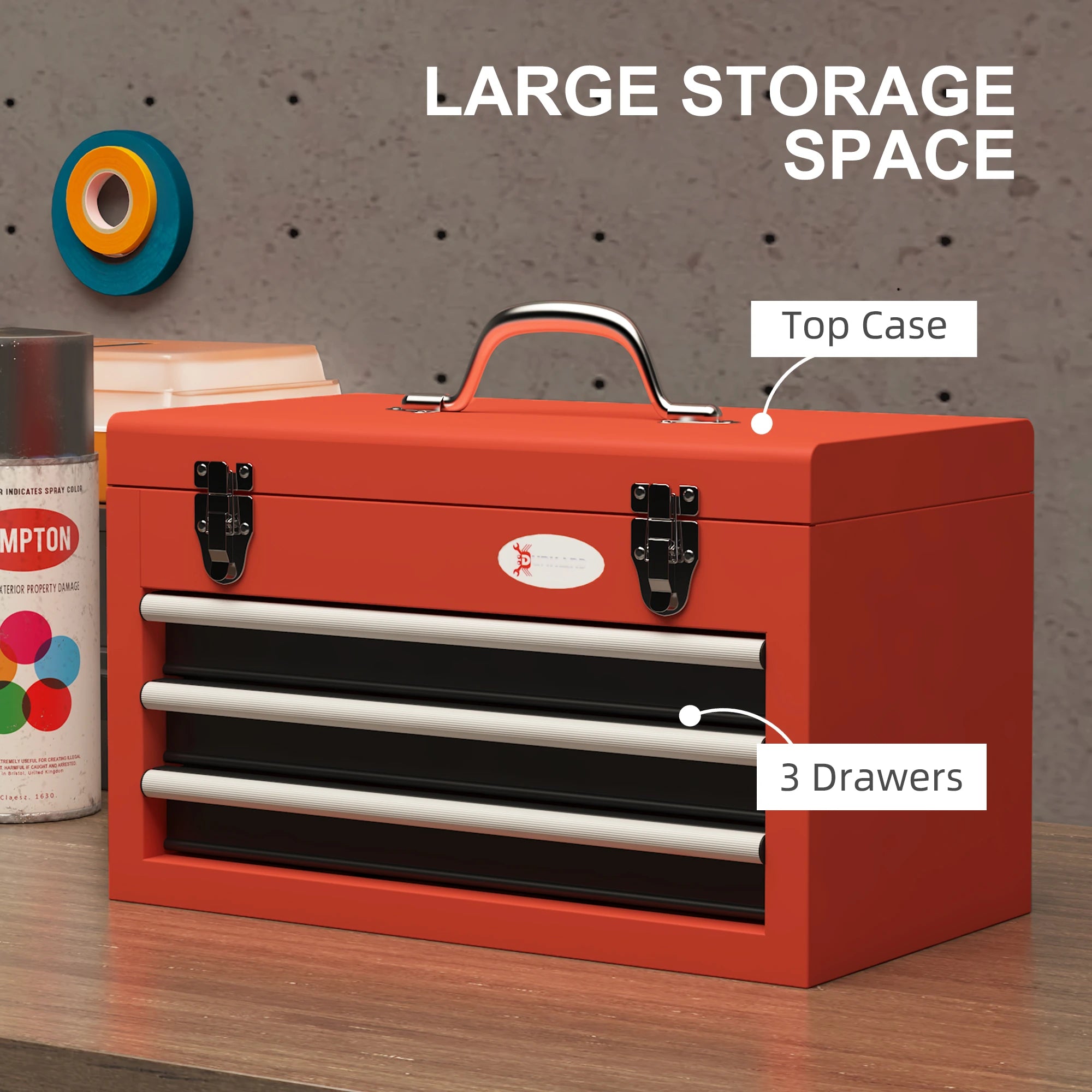 3 Drawer Tool Chest, Metal Latch Closure, Portable Tool Box, Red Tool Organizers at Gallery Canada