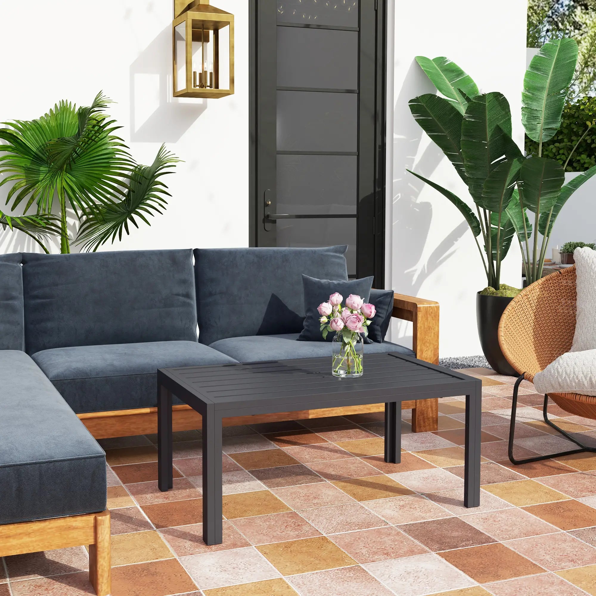 Outdoor Coffee Table, Rectangular, Steel Frame, Slat Tabletop, Grey Patio Side Tables at Gallery Canada