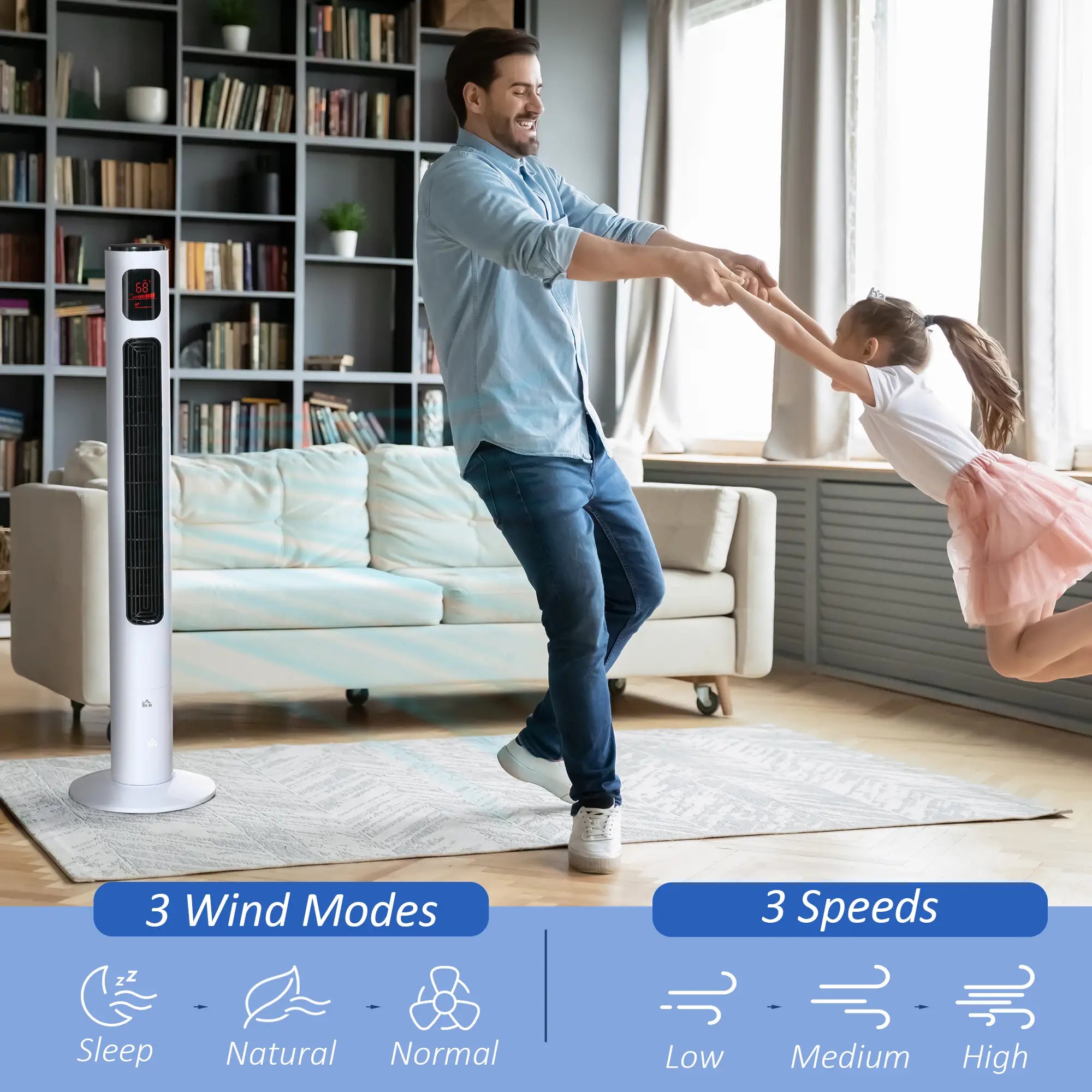 Freestanding Tower Fan, Oscillating, 3 Speed, 12h Timer, LED Panel, Remote, White Tower Fans at Gallery Canada