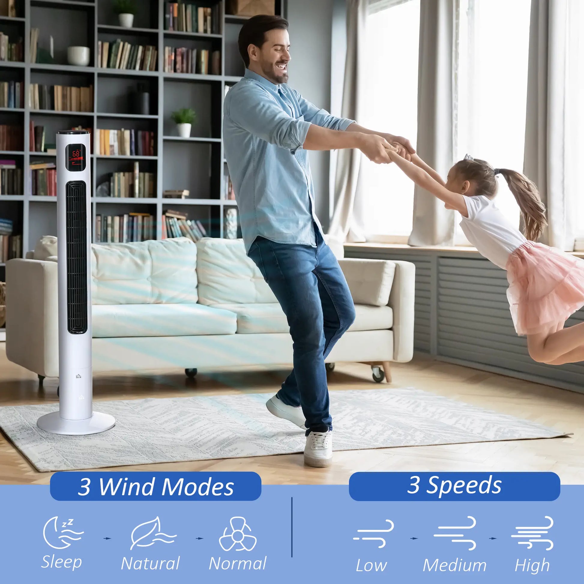 Freestanding Tower Fan, Oscillating, 3 Speed, 12h Timer, LED Panel, Remote, White Tower Fans at Gallery Canada