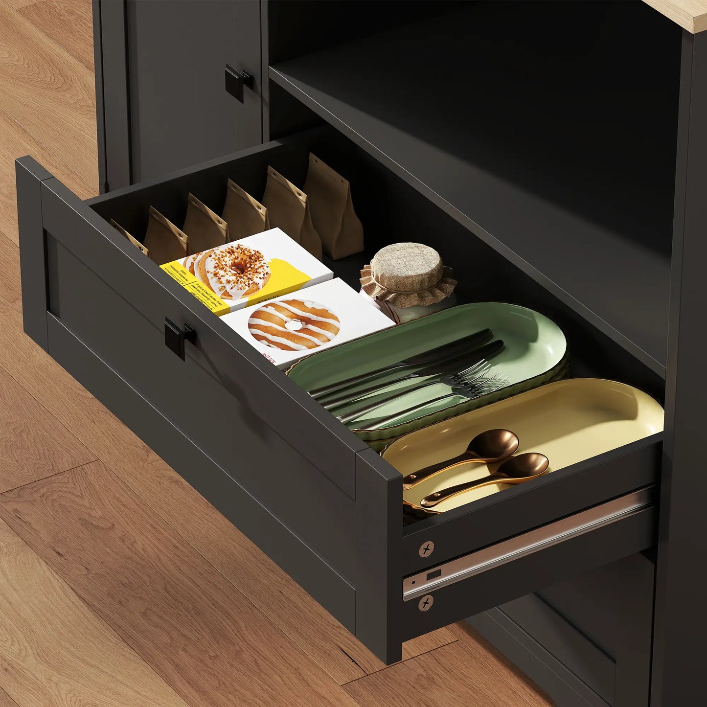 64" Kitchen Pantry Cabinet, 3 Cabinets, 2 Drawers, Adjustable Shelves, Black Kitchen Pantry Cabinets at Gallery Canada