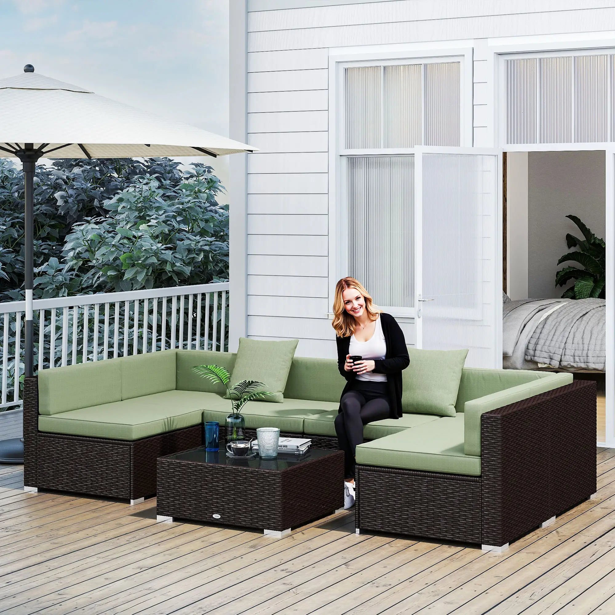 7-Piece Outdoor Rattan Furniture Set, Patio Wicker Sectional Sofa, Light Green Patio Furniture Sets at Gallery Canada