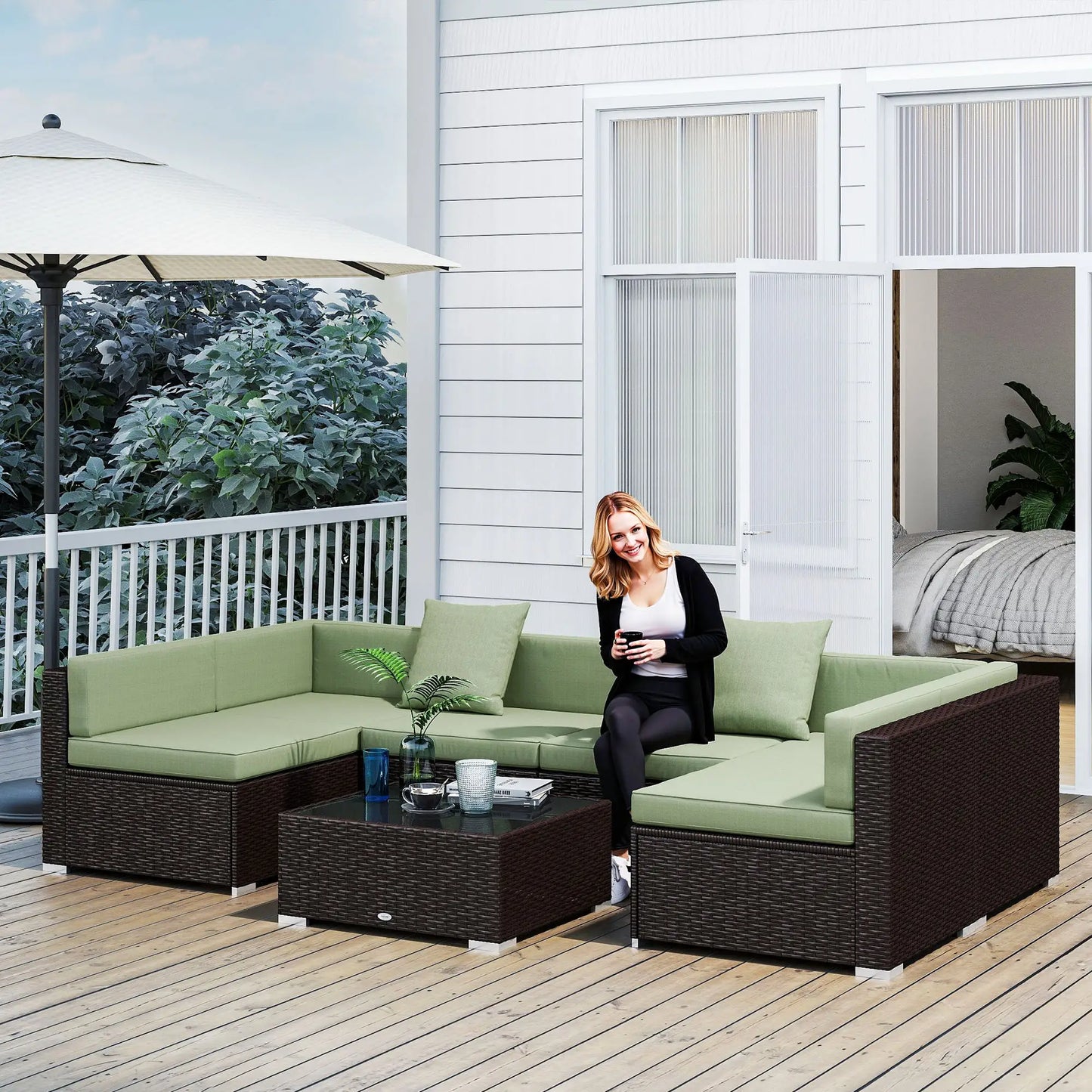 7-Piece Outdoor Rattan Furniture Set, Patio Wicker Sectional Sofa, Light Green Patio Furniture Sets at Gallery Canada