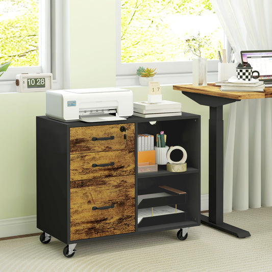 Mobile Printer Stand with Charging Station USB Ports Locking Filing Cabinet for A4 Letter Size Rustic Brown and Black - Gallery Canada