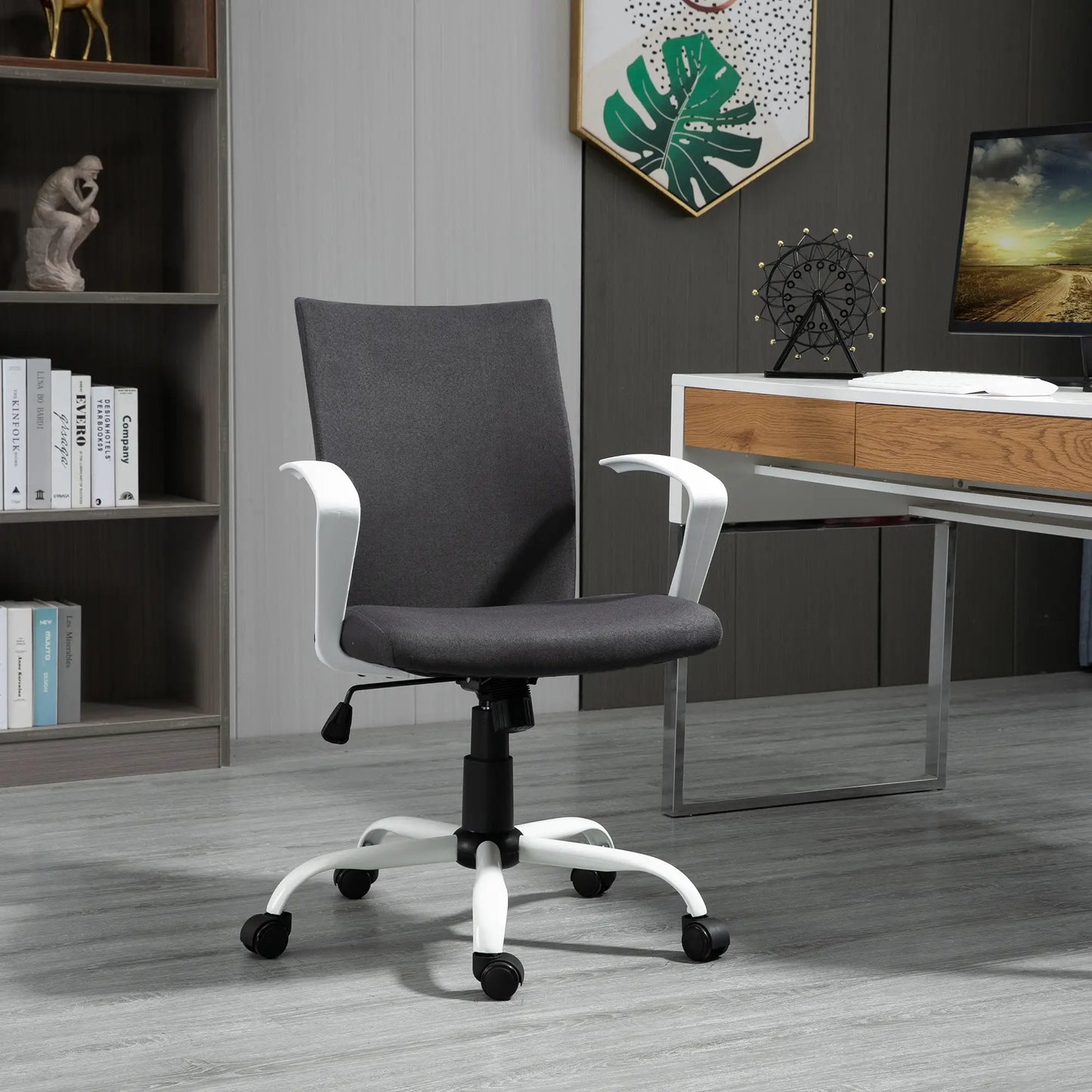 Linen Mid Back Office Chair With Tilt Function, Swivel Computer Chair, Charcoal Grey Task Chairs at Gallery Canada