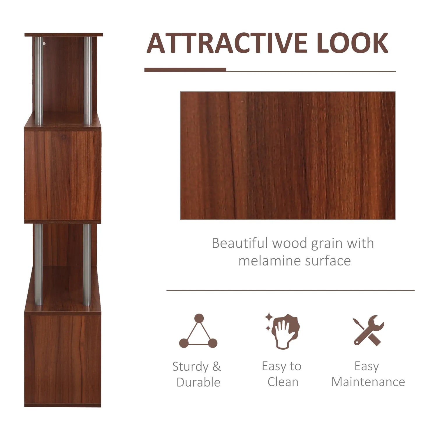 5-Tier Geometric Wooden Bookcase, S-Shaped Storage, Walnut Display Bookshelves at Gallery Canada