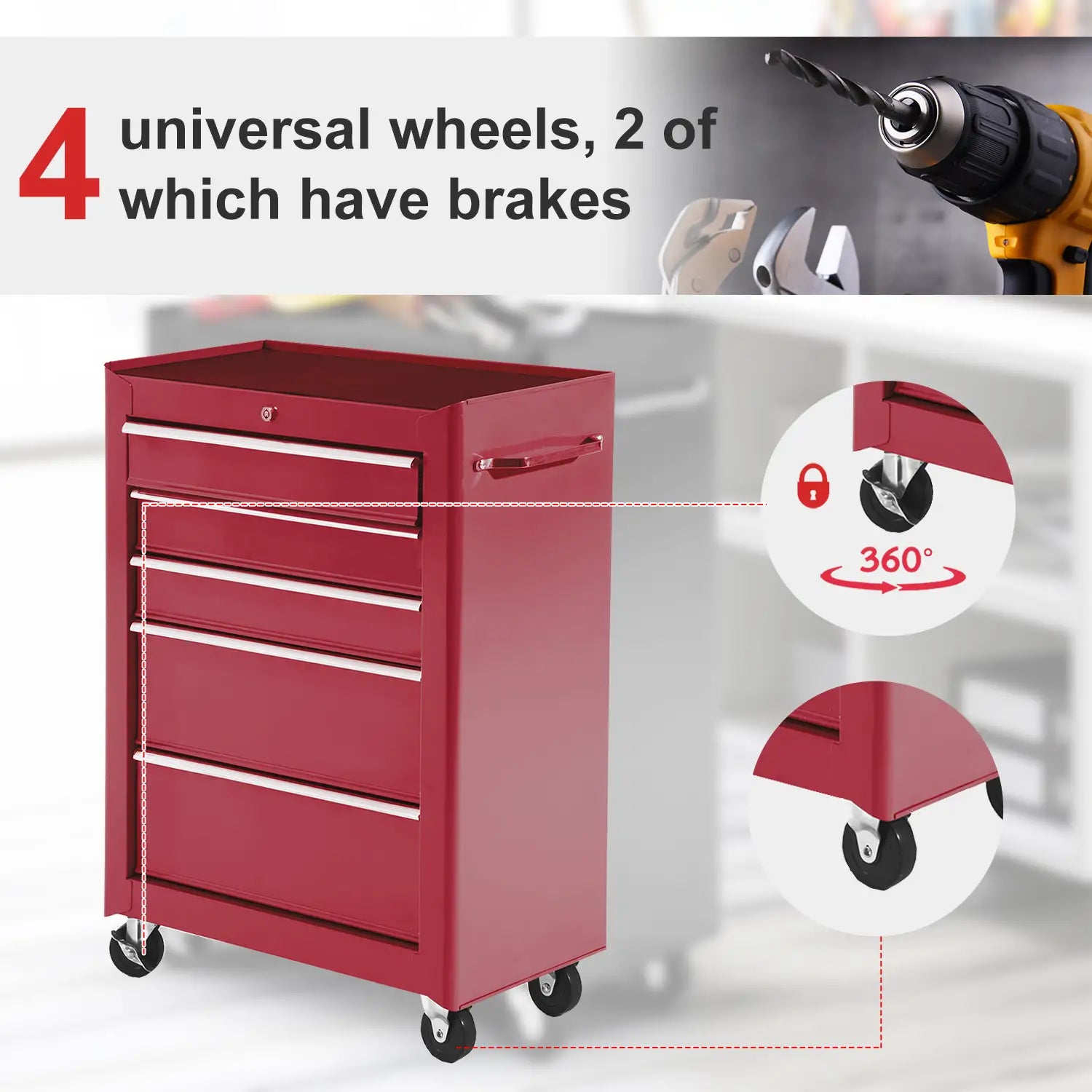 5-Drawer Rolling Tool Cabinet, Lockable Tool Chest, Red Tool Organizers at Gallery Canada