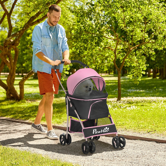 4 Wheels Pet Stroller, 3 in 1 Dog Cat Travel Folding Carrier, for Small Dogs, Detachable, w/ Brake, Canopy, Basket, Storage Bag - Pink - Gallery Canada