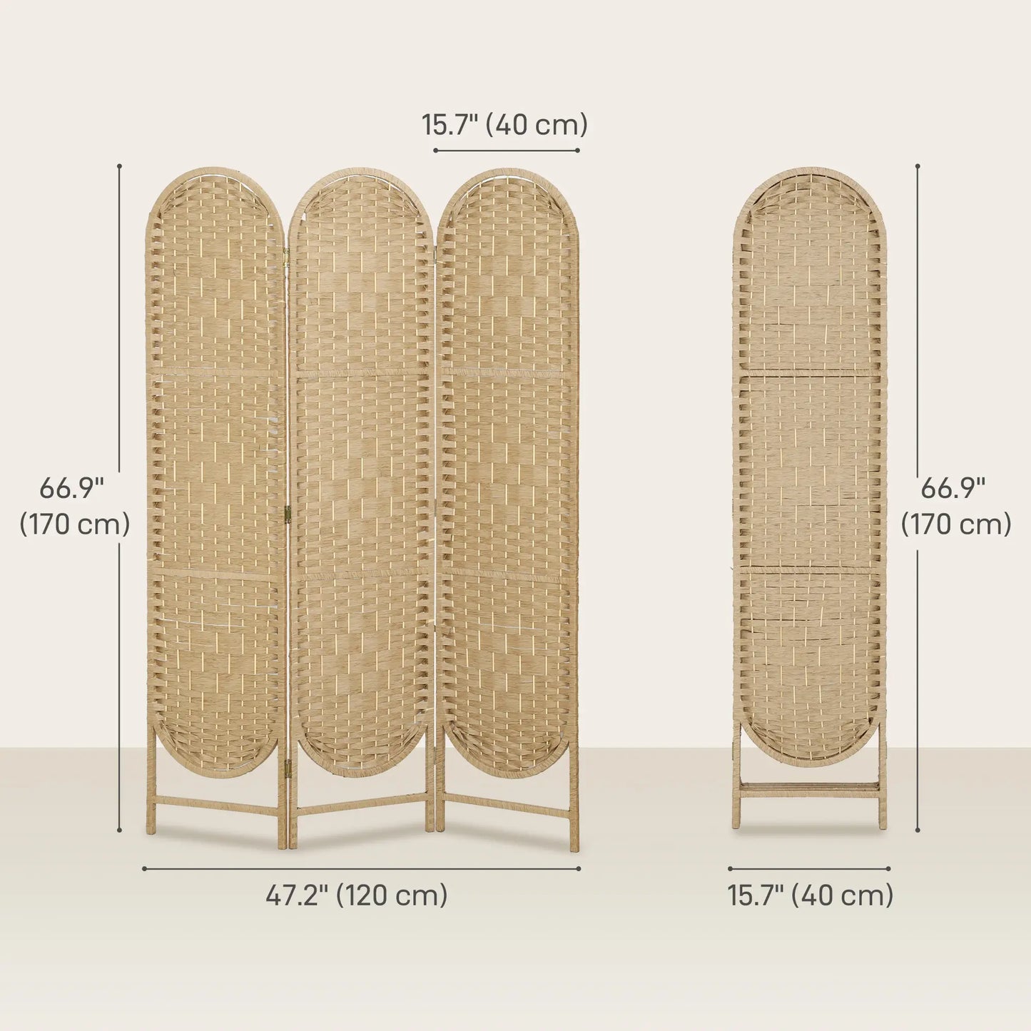 3 Panel Bohemian Privacy Screen, Arched Top Room Divider, Natural Wood