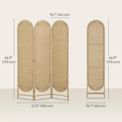 3 Panel Bohemian Privacy Screen, Arched Top Room Divider, Natural Wood