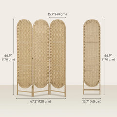 3 Panel Bohemian Privacy Screen, Arched Top Room Divider, Natural Wood