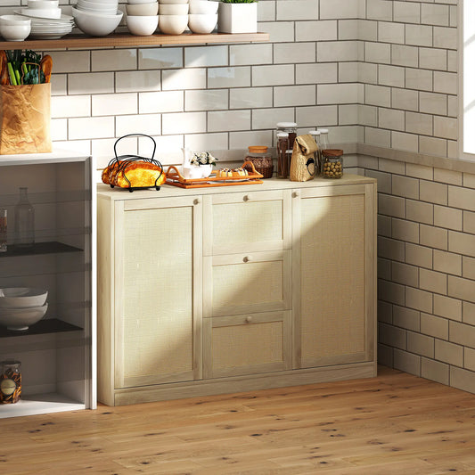 Boho Sideboard Buffet Cabinet, Kitchen Coffee Bar, 3 Drawers, 2 Shelves, 4 Racks, Natural