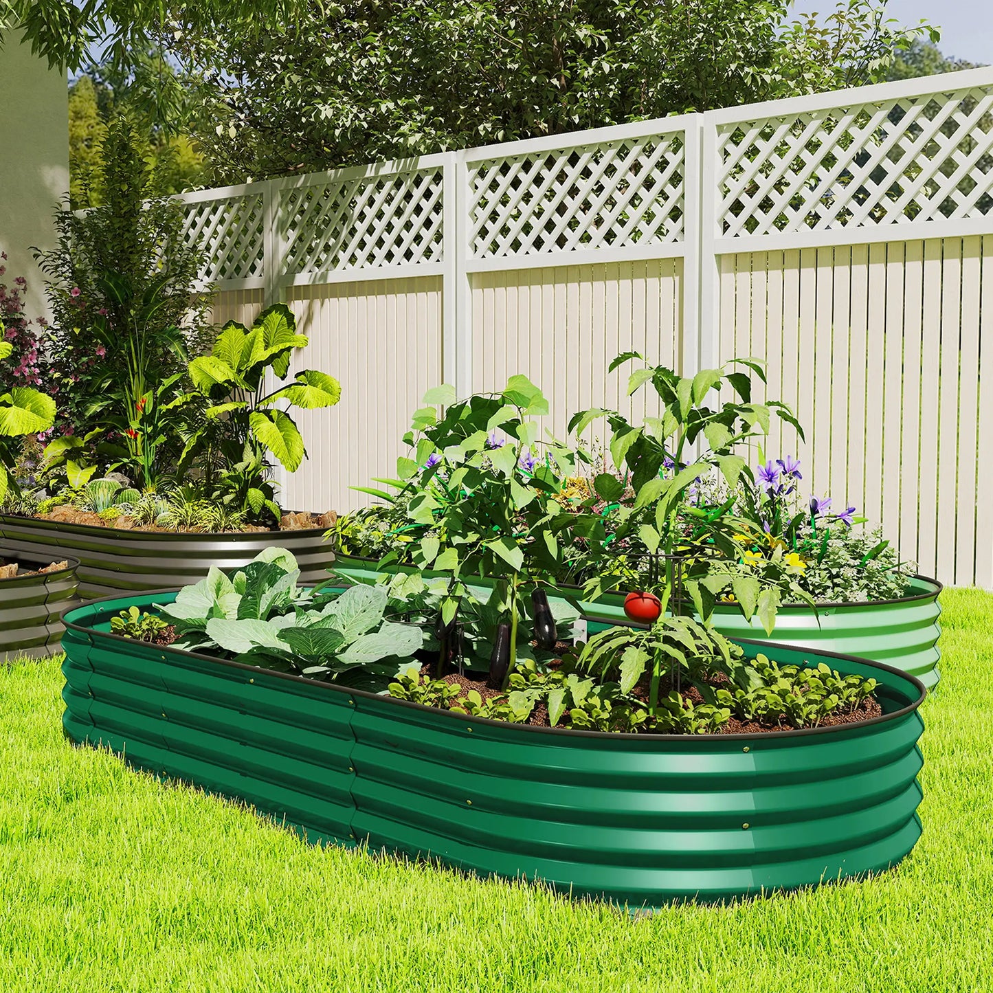 7' x 3' x 1' Parterre de jardin surélevé galvanisé, Tuteur de plante métallique vert, Vert