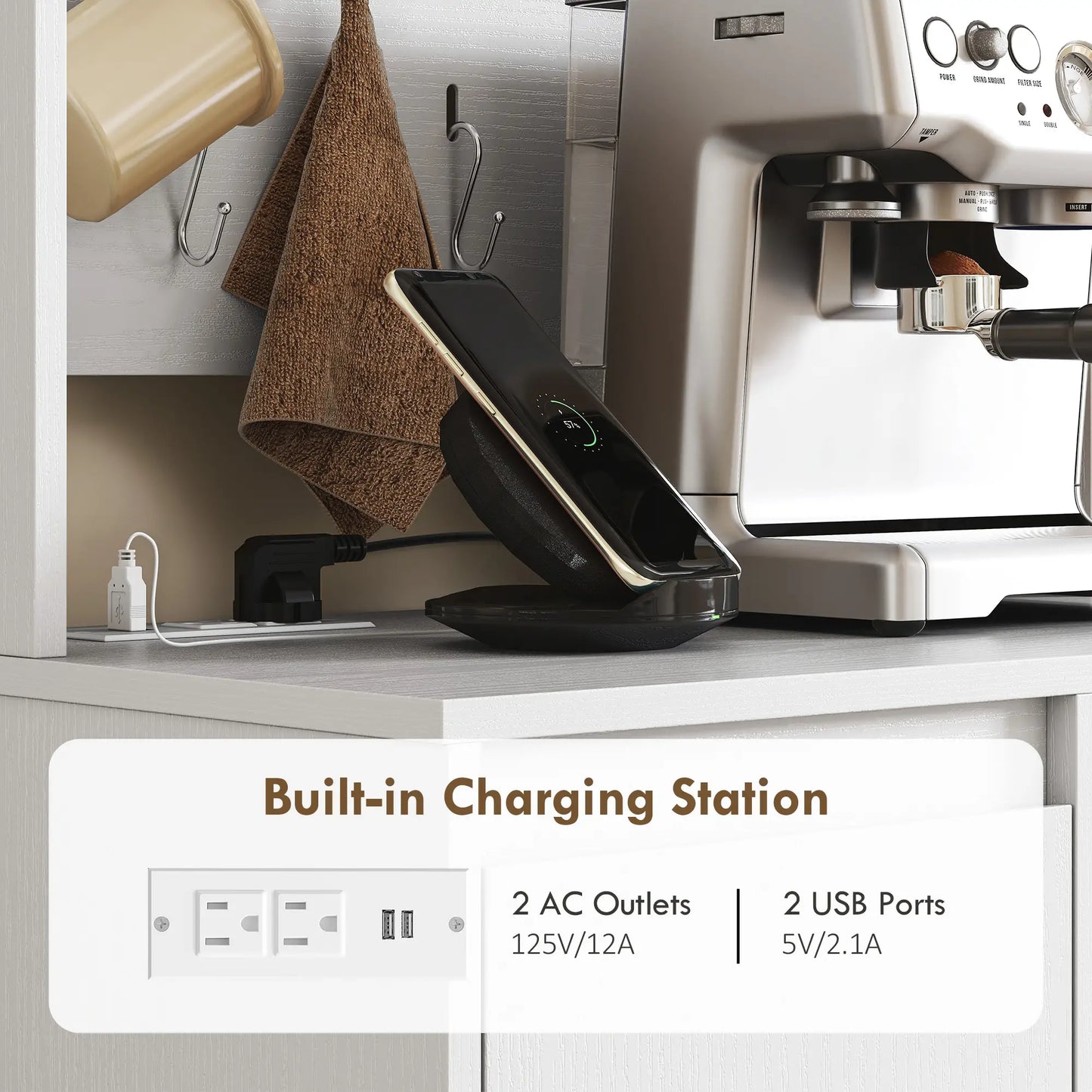 71 Inch Pantry Cabinet with Charging Station, Microwave Stand, Pegboard, White Kitchen Pantry Cabinets at Gallery Canada