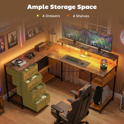 Gaming Desk With Power Outlets, LED Lights, Drawers, Monitor Stand, 61", Rustic Brown Gaming Desks at Gallery Canada