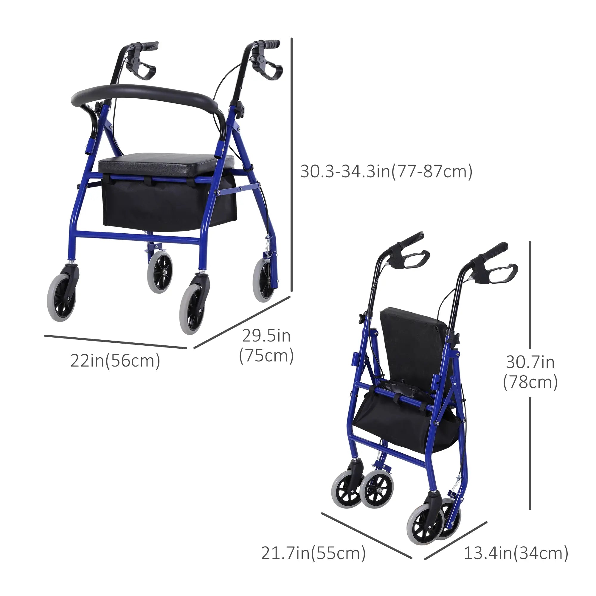 Folding Aluminum Rollator Walker, Adjustable Height, Cushioned Seat, Storage Bag, 2 Barker Wheels, Blue Knee Walker & Wheelchair Ramps at Gallery Canada