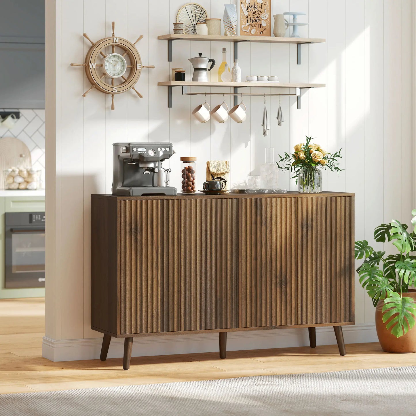 Fluted Sideboard with Storage, Adjustable Shelves, Dark Brown Bar Cabinets at Gallery Canada