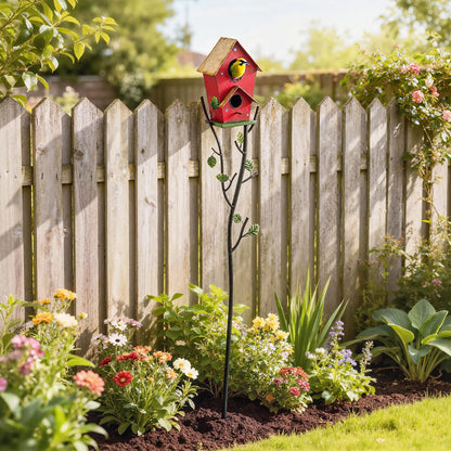 57" Outdoor Bird House With Pole, Metal, Double-Hole, Red Birds at Gallery Canada