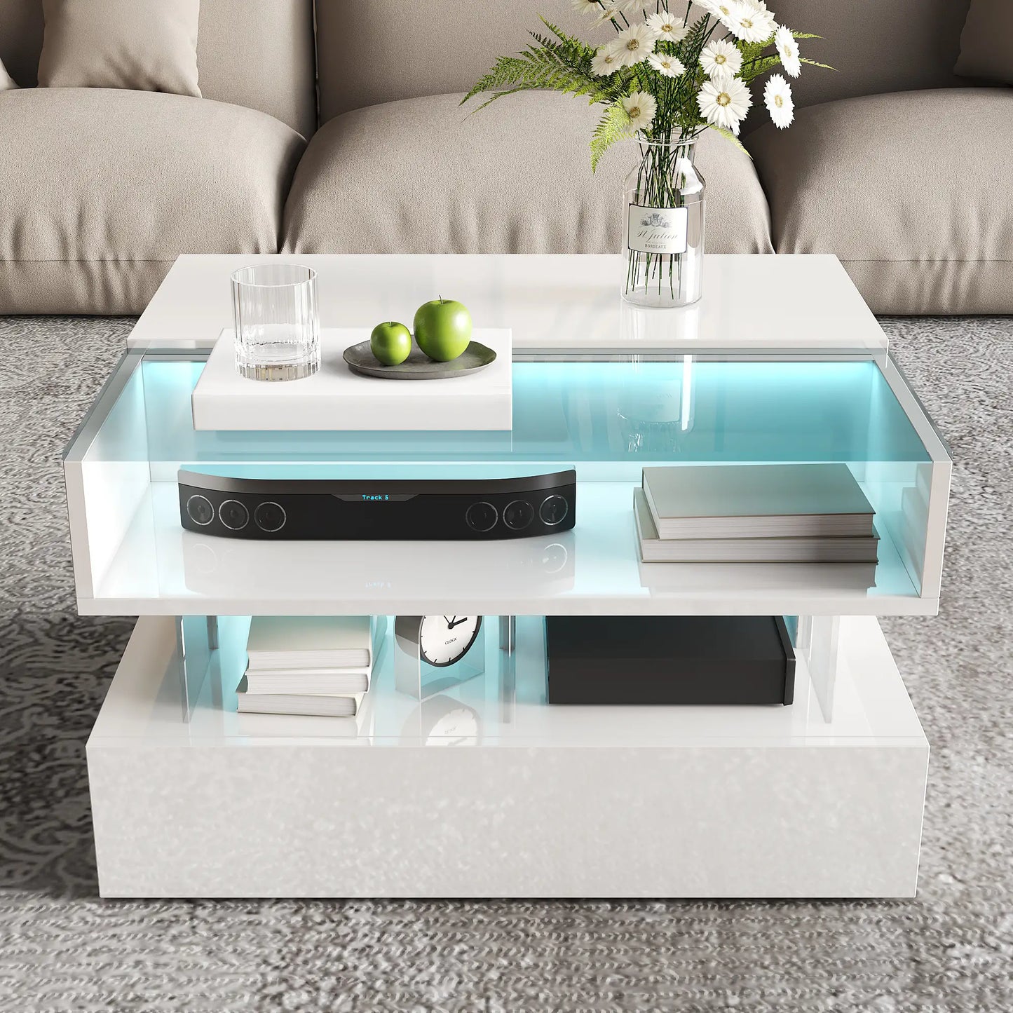 Glass Top LED Coffee Table, Storage Drawer, Adjustable Height, 26" L x 21.5" W x 21.5" H, White Coffee Tables at Gallery Canada