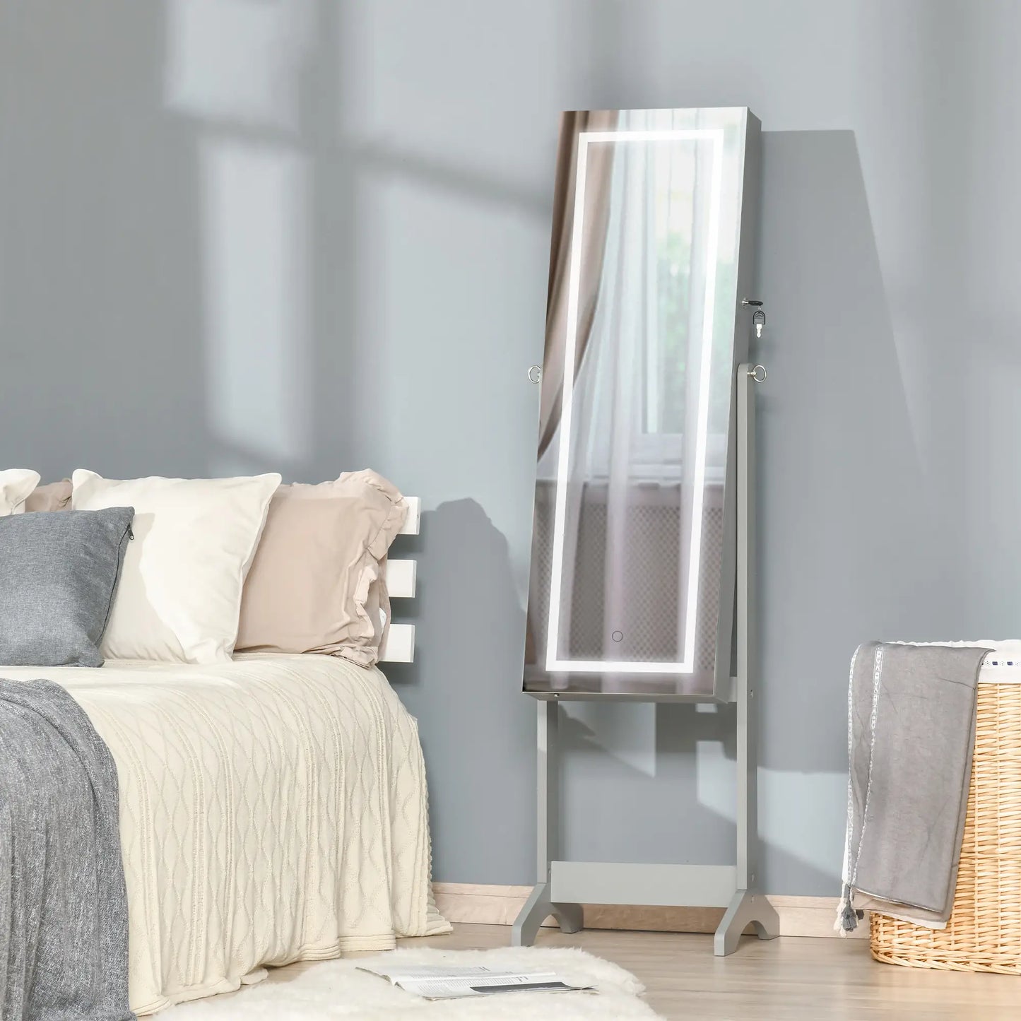 Lockable Jewelry Armoire with LED Light, Standing Mirror, Grey Jewelry Armoire & Jewellery Mirror Cabinets at Gallery Canada
